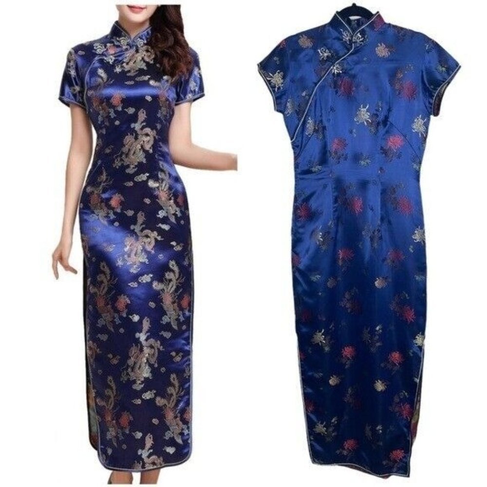 VINTAGE Long Cheongsam Dress Slim Qipao Chinese Lady Satin Dress Gown Size Small - Picture 1 of 11